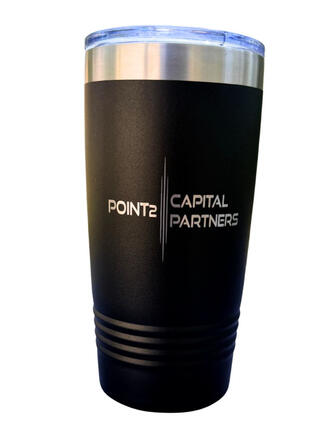 Custom laser-engraved matte black insulated tumbler with a stainless steel rim, featuring a precision-engraved corporate logo for Point2 Capital Partners. Ideal for high-quality corporate branding and employee appreciation gifts.